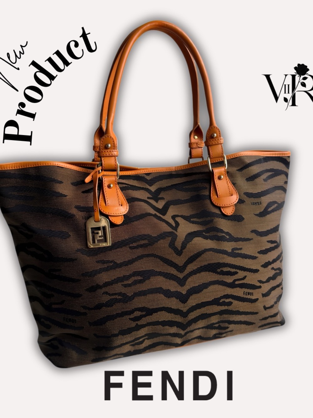 Fendi Brown Tiger-Print Tote with Orange-Tan Leather Handles w/Auth Certificate